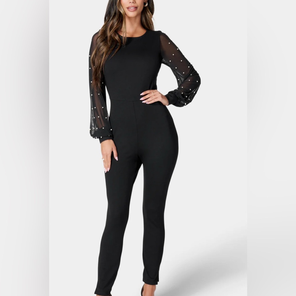 bebe Black Jumpsuit with Pearl-Dot Sheer Sleeves